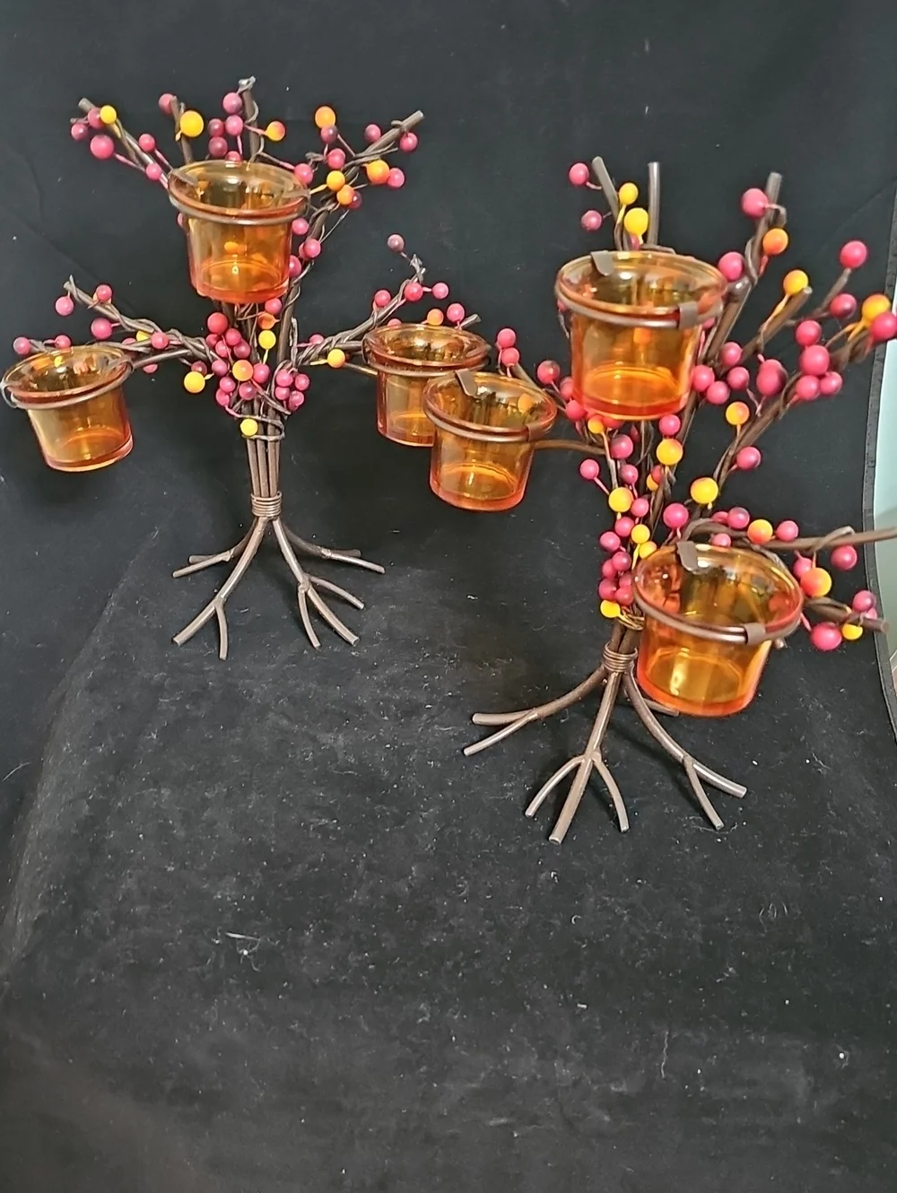 Fall Duo Vintage Amber Glass Tealight Holder Tree with Red  Yellow Berry Accents